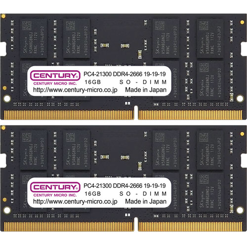 センチュリーマイクロ CB16GX2-SOD4U2666 [32GB kit (16GBx2) DDR4-2666 (PC4-21300) Unbuffered SO-DIMM 260pin Dual Rank]