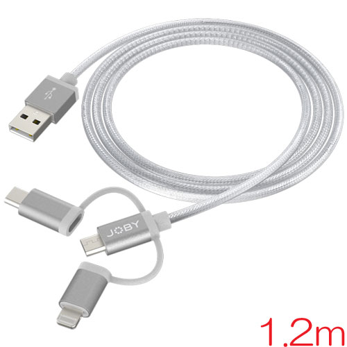 JOBY JB01818-BWW [3-in-1ケーブル 1.2m MFi認定 Lightning / micro USB / USB-C ナイロンメッシュ被覆]