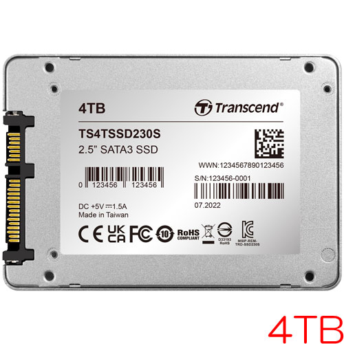 トランセンド TS4TSSD230S [4TB SSD230シリーズ 2.5インチ SATA3 DDR3キャッシュ 3D TLC 2240TBW 5年保証]