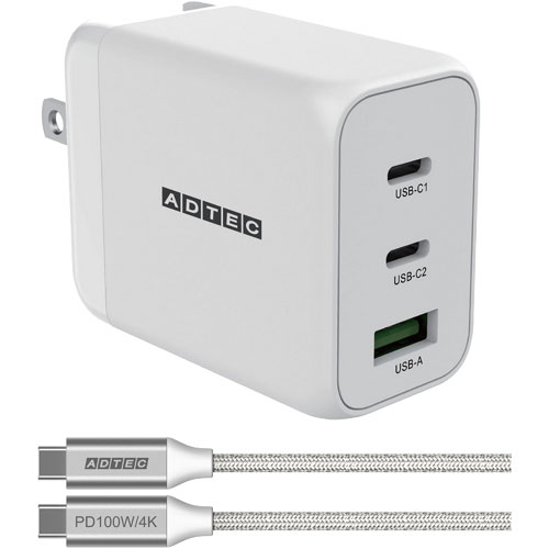 アドテック APD-V065AC2-wC-WH [PD充電器 最大65W Type-C×2＋Type-A Type-C ケーブル (100W対応)セット ホワイト]
