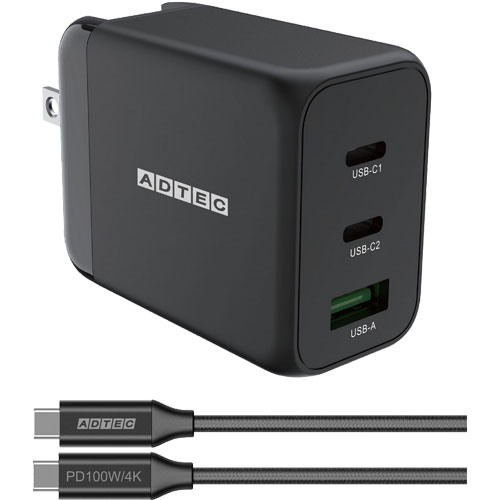 アドテック APD-V065AC2-wC-BK [PD充電器 最大65W Type-C×2＋Type-A Type-C ケーブル (100W対応)セット ブラック]