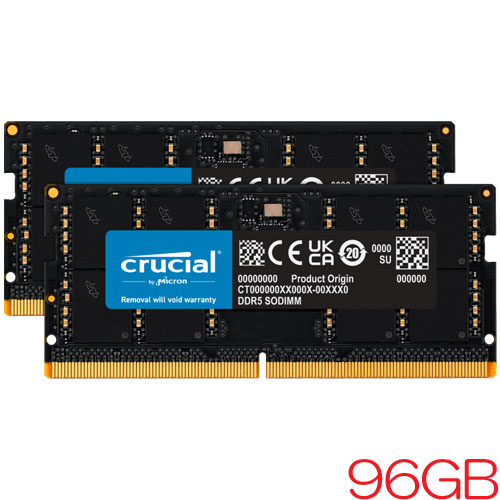 クルーシャル CT2K48G56C46S5 [96GB Kit (48GBx2) Crucial DDR5 5600 (PC5-44800) CL46 Unbuffered SODIMM 262pin]