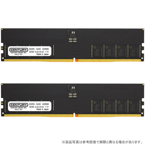 センチュリーマイクロ CB32GX2-D5U5200 [64GB kit (32GBx2) DDR5-5200 (PC5-41600) Unbuffered DIMM 288pin Dual Rank 2048Mx8]