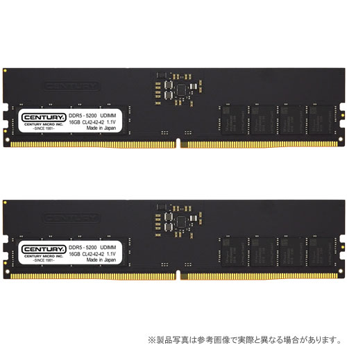 センチュリーマイクロ CB16GX2-D5U5200H [32GB kit (16GBx2) DDR5-5200 (PC5-41600) U-DIMM 288pin Single Rank 2048Mx8]