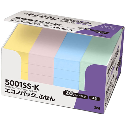 3M Post-it ポストイット エコノパック強粘着付箋 パステルカラー4色 3M-5001SS-K