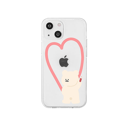 168cm ソフトクリアケース for iPhone 14 くまちゃんのお絵描きピンクハート 背面カバー型 16823814i14