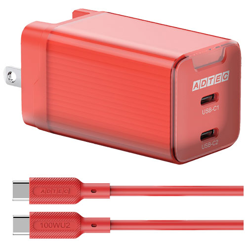 アドテック APD-V065C2-RD-SC10U2 [PD充電器 最大65W Type-C×2、PD3.0対応 Type-C ケーブル (100W対応)付 レッド]