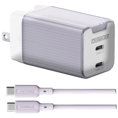 アドテック APD-V065C2-PU-SC10U2 [PD充電器 最大65W Type-C×2、PD3.0対応 Type-C ケーブル (100W対応)付 パープル]