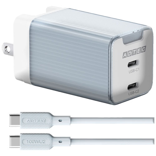 アドテック APD-V065C2-BL-SC10U2 [PD充電器 最大65W Type-C×2、PD3.0対応 Type-C ケーブル (100W対応)付 ブルー]