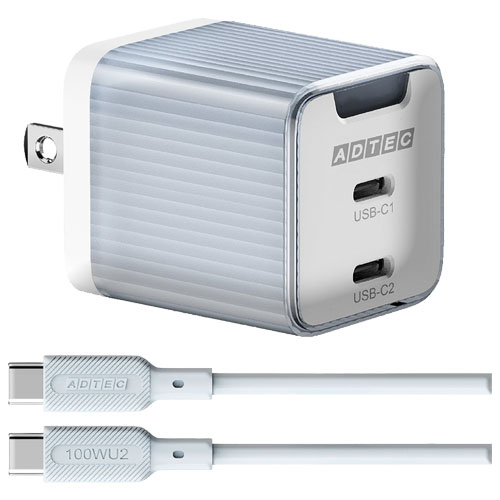 アドテック APD-V045C2-BL-SC10U2 [PD充電器 最大45W Type-C×2、PD3.0対応 Type-C ケーブル (100W対応)付 ブルー]