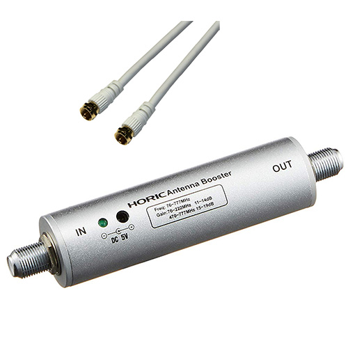 HORIC アンテナブースター 室内・地デジ(UHF/VHF)専用 中継タイプ+ケーブル 1m ホワイト 両側F型ネジ式コネクタ
