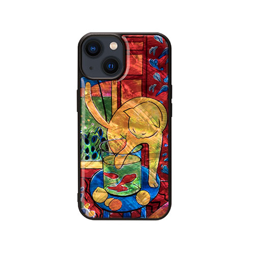 ikins I23576i14 [天然貝ケース for iPhone 14 魚と猫 背面カバー型]