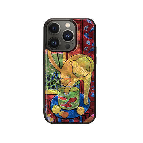 ikins I23592i14P [天然貝ケース for iPhone 14 Pro 魚と猫 背面カバー型]