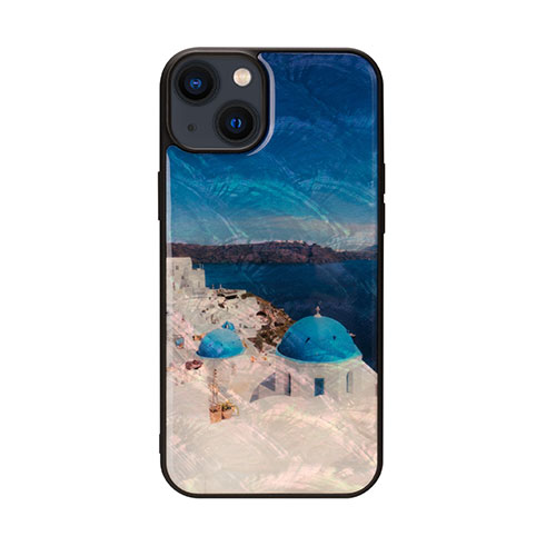 ikins I23599i14M [天然貝ケース for iPhone 14 Plus サントリーニ島 背面カバー型]