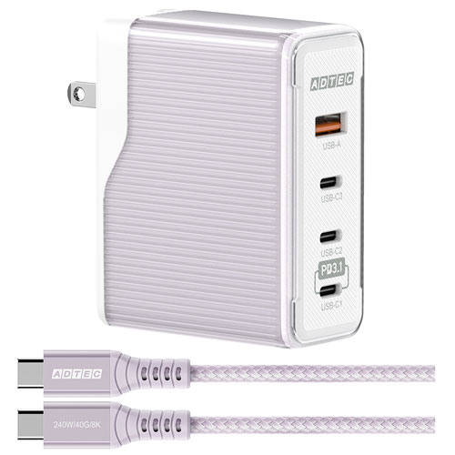 アドテック APD-V150AC3-PU-CU4G3 [PD充電器 最大140W Type-C×3＋Type-A×1 Type-Cケーブル (240W対応)付 パープル]