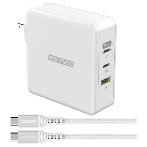 アドテック APD-V140AC2-WH-CU4G3 [PD充電器 最大140W ホワイト Type-C×2＋Type-A、Type-C ケーブル(240W USB4 白)付]