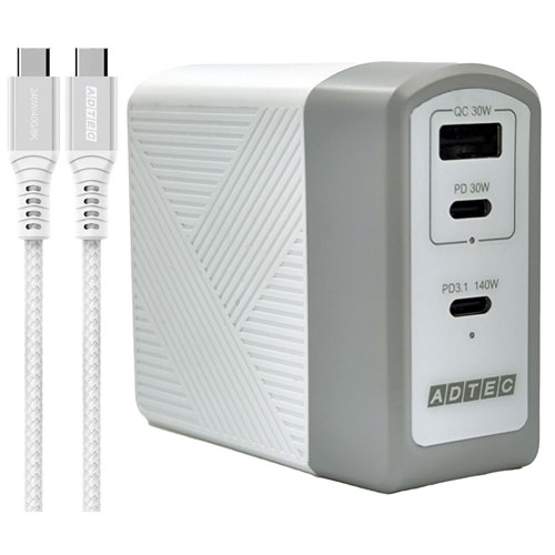 アドテック APD-A140AC2-WH-CU4G3 [PD充電器 最大140W ホワイト Type-C×2＋Type-A、Type-C ケーブル(240W USB4 白)付]