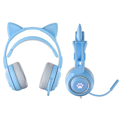 MS-MIMI01-BL [猫耳ヘッドフォン 軽量 ヘッドセット マイク USB-C PC/Android/iOS ブルー]