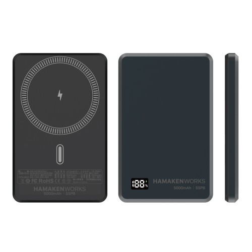 HAMAKEN WORKS マグネット式ワイヤレス充電対応 準固体モバイルバッテリー 5000mAh PSE適合 USB-C ブラック