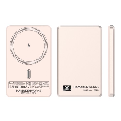 HAMAKEN WORKS マグネット式ワイヤレス充電対応 準固体モバイルバッテリー 5000mAh PSE適合 USB-C シャンパンゴールド