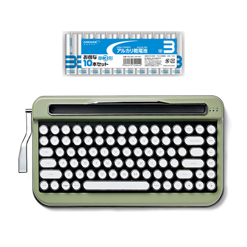 AJAX タイプライター風キーボードPENNA(ペナ) Olive Green + アルカリ乾電池 単3形10本パックセット