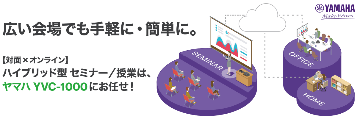 広い会場でも手軽に・簡単に。【対面×オンライン】ハイブリッド型 セミナー／授業は、ヤマハ YVC-1000にお任せ！